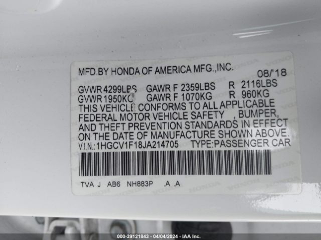 Photo 8 VIN: 1HGCV1F18JA214705 - HONDA ACCORD 