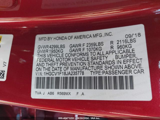 Photo 8 VIN: 1HGCV1F18JA235778 - HONDA ACCORD 