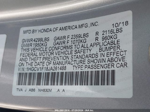 Photo 8 VIN: 1HGCV1F18JA261488 - HONDA ACCORD 