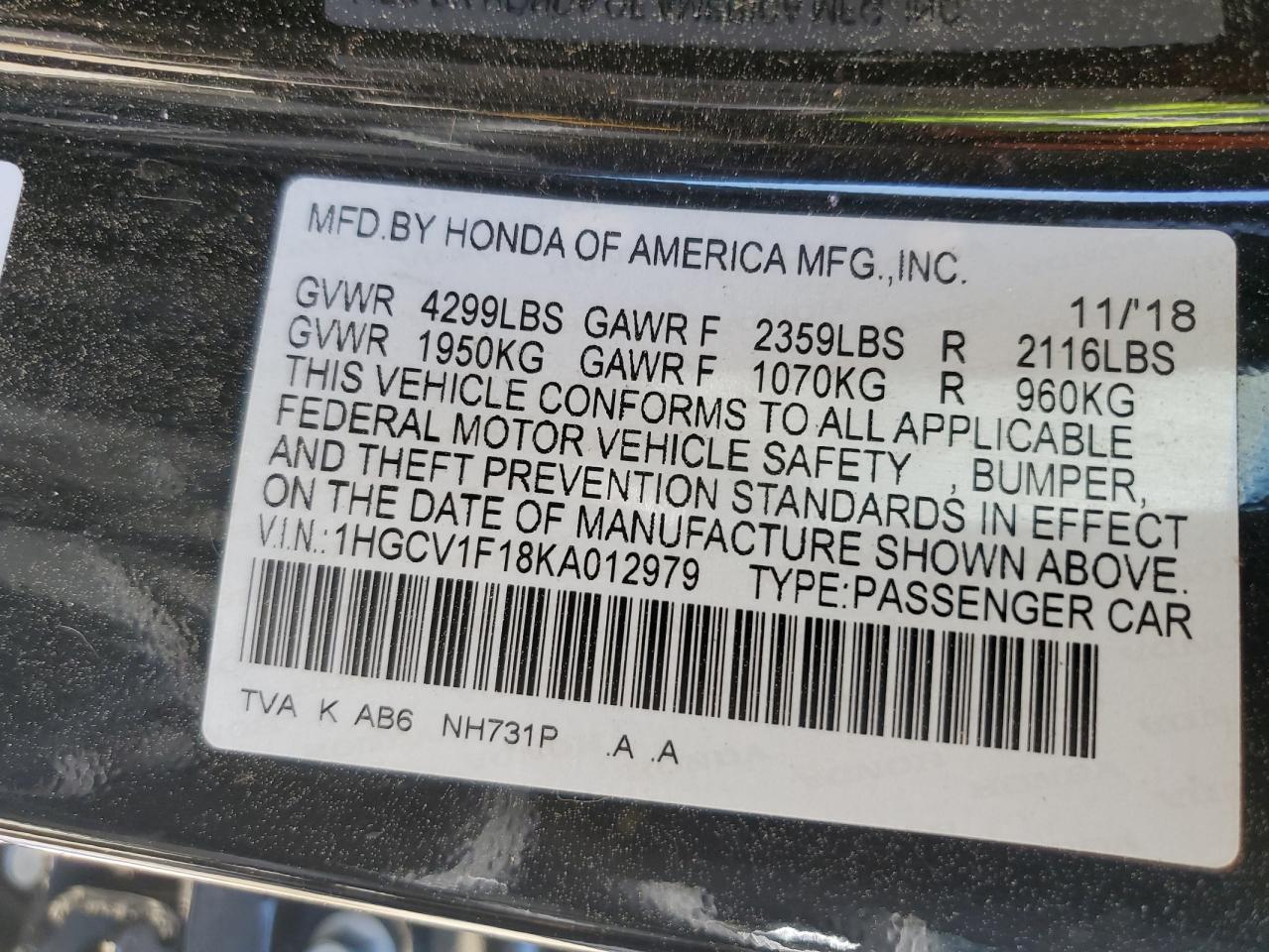 Photo 11 VIN: 1HGCV1F18KA012979 - HONDA ACCORD 