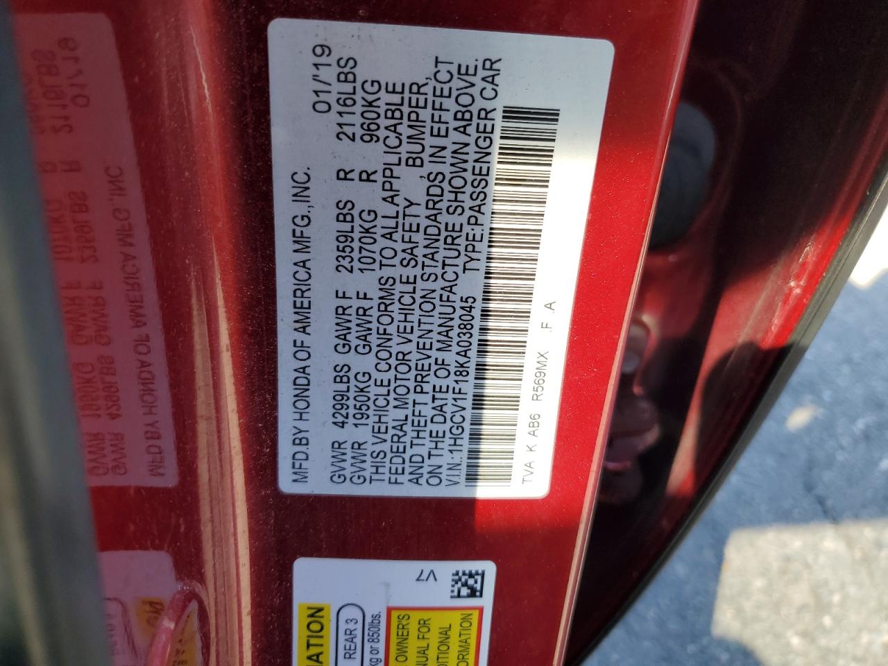 Photo 12 VIN: 1HGCV1F18KA038045 - HONDA ACCORD 