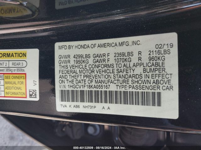 Photo 8 VIN: 1HGCV1F18KA055167 - HONDA ACCORD 