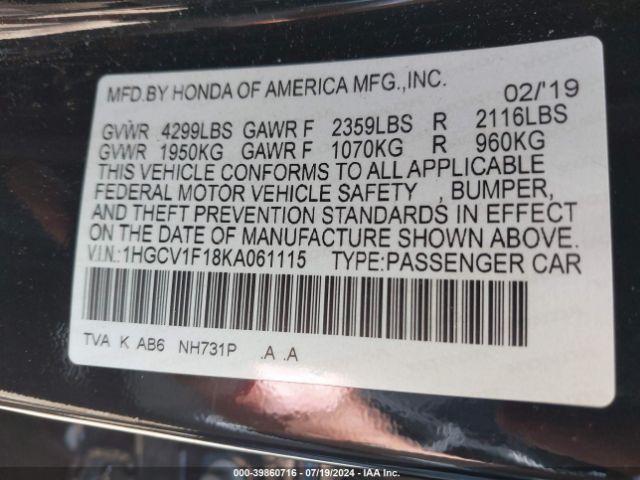 Photo 8 VIN: 1HGCV1F18KA061115 - HONDA ACCORD 