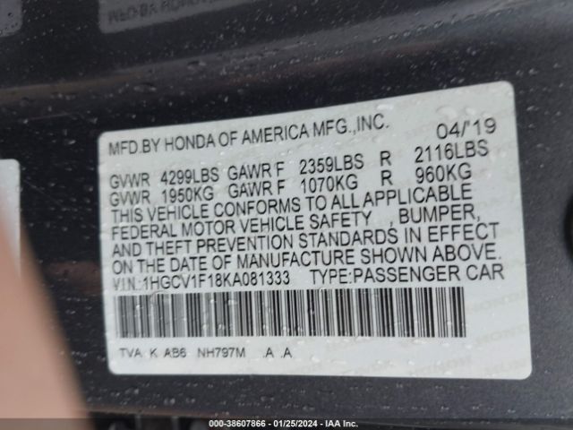 Photo 8 VIN: 1HGCV1F18KA081333 - HONDA ACCORD 