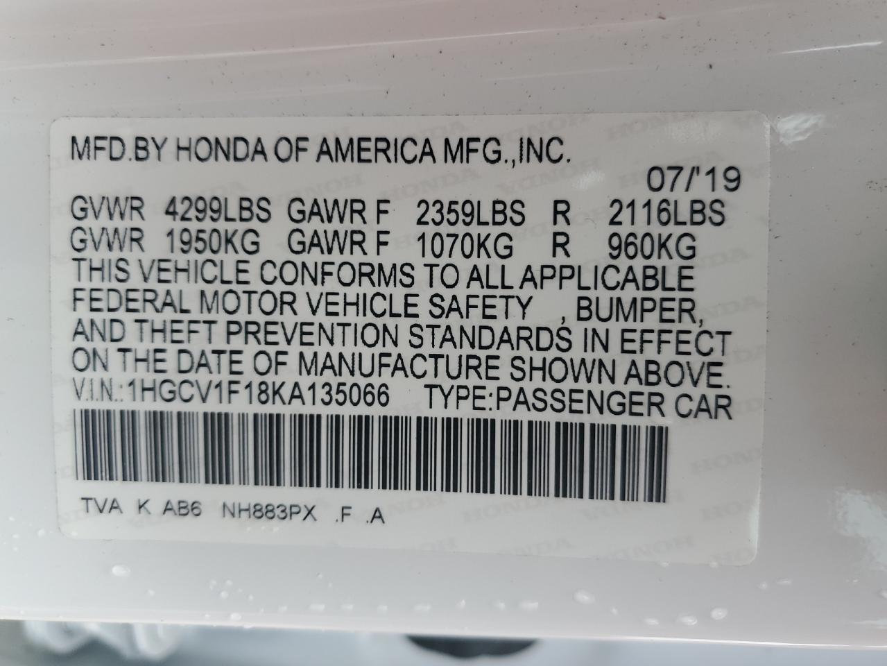 Photo 11 VIN: 1HGCV1F18KA135066 - HONDA ACCORD 