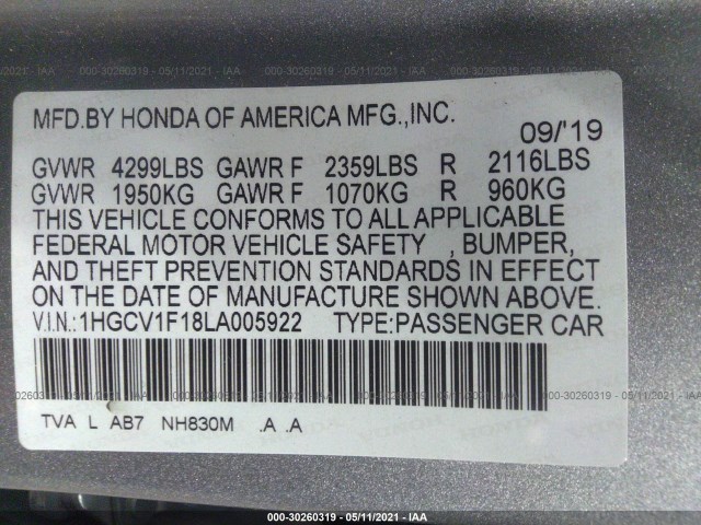 Photo 8 VIN: 1HGCV1F18LA005922 - HONDA ACCORD SEDAN 