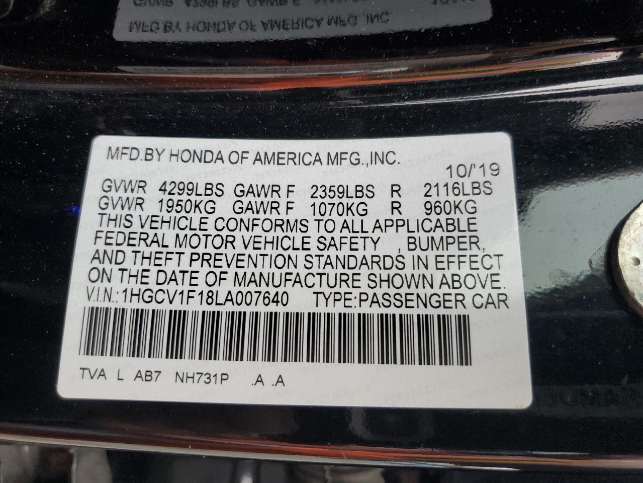 Photo 11 VIN: 1HGCV1F18LA007640 - HONDA ACCORD 