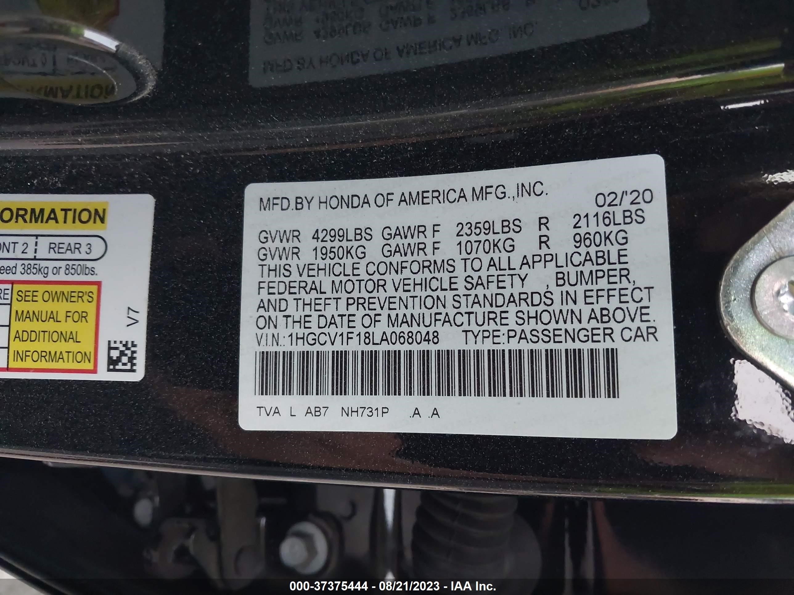 Photo 8 VIN: 1HGCV1F18LA068048 - HONDA ACCORD 