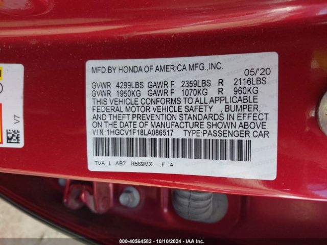 Photo 8 VIN: 1HGCV1F18LA086517 - HONDA ACCORD 