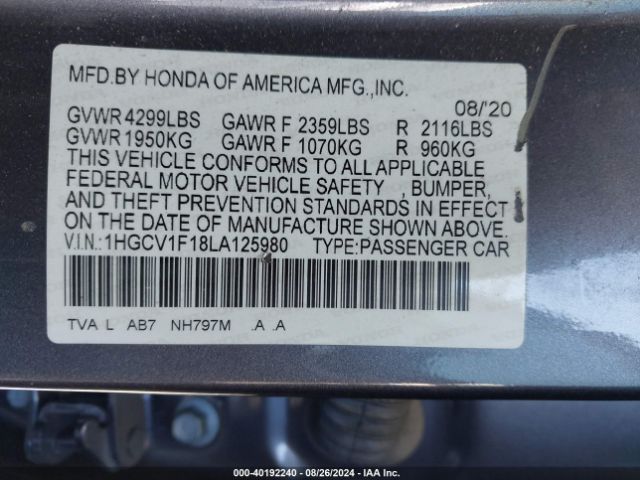 Photo 8 VIN: 1HGCV1F18LA125980 - HONDA ACCORD 