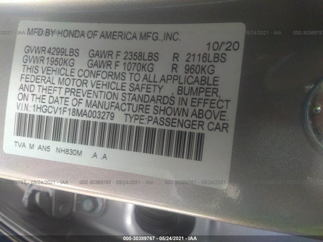 Photo 8 VIN: 1HGCV1F18MA003279 - HONDA ACCORD SEDAN 