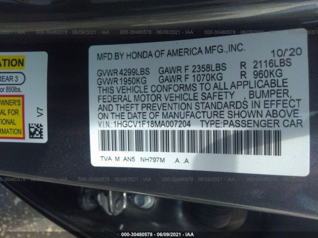 Photo 8 VIN: 1HGCV1F18MA007204 - HONDA ACCORD SEDAN 