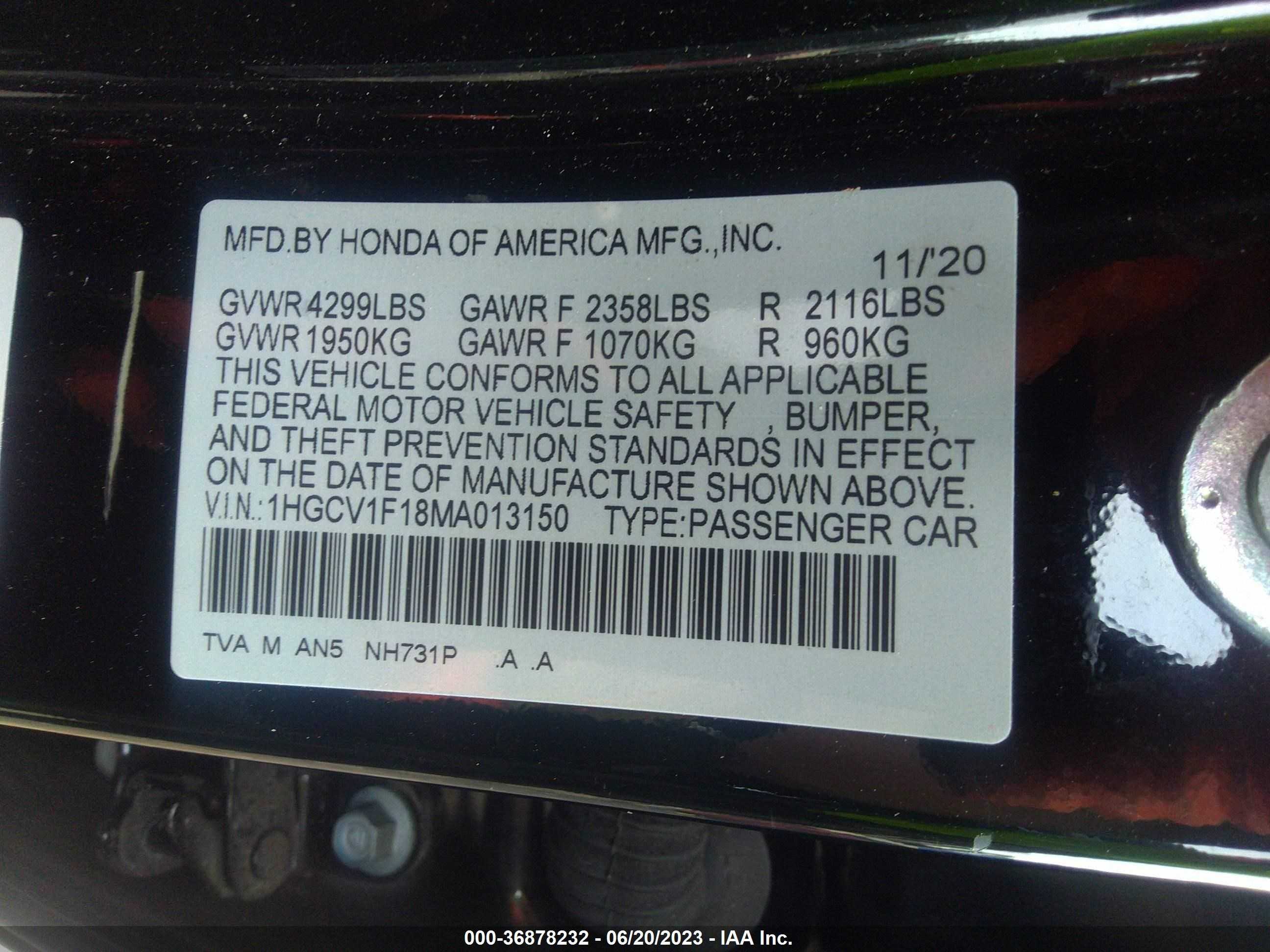 Photo 8 VIN: 1HGCV1F18MA013150 - HONDA ACCORD 