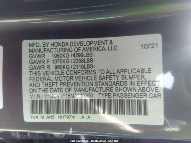 Photo 8 VIN: 1HGCV1F18MA116360 - HONDA ACCORD SEDAN 