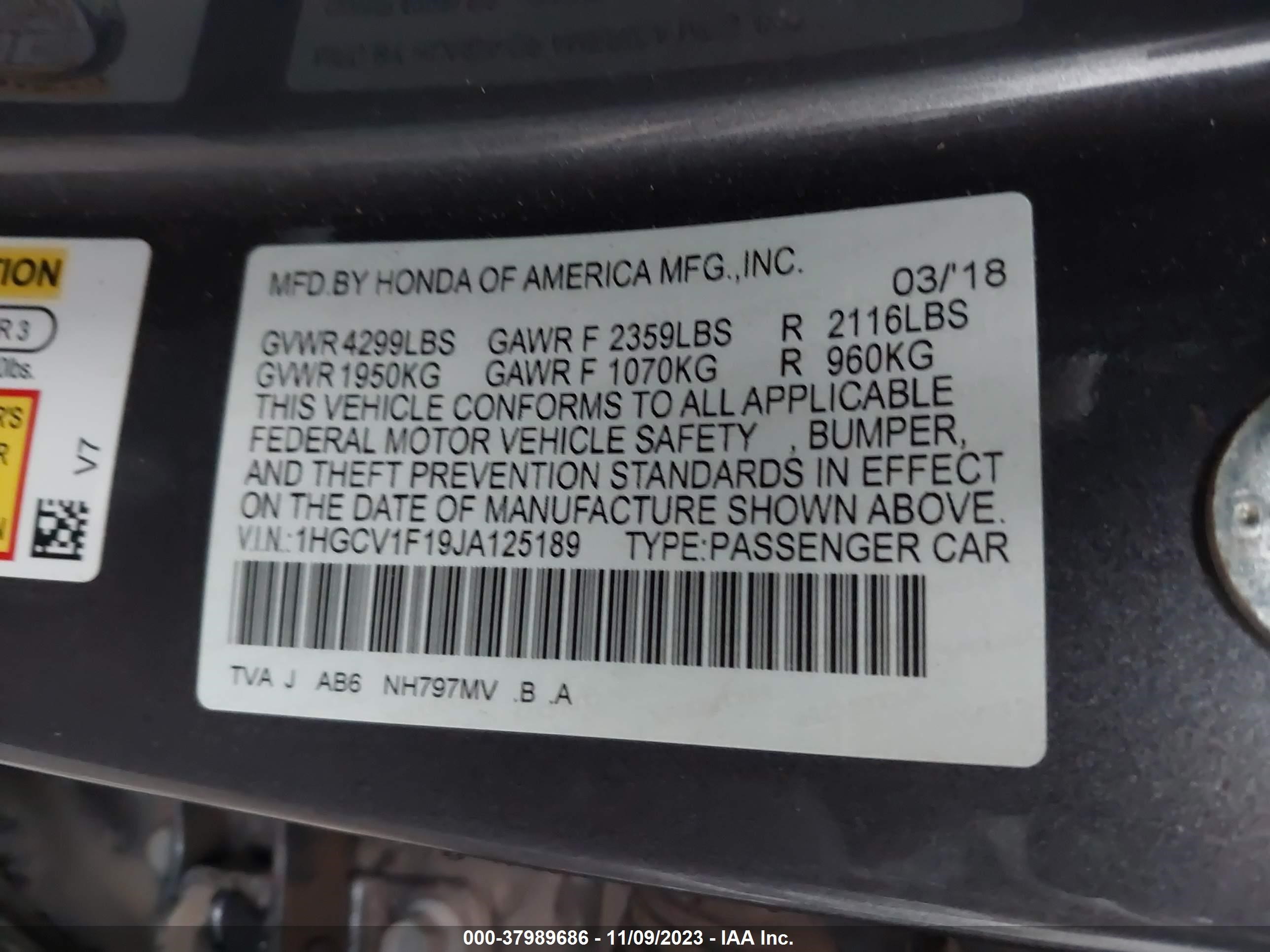 Photo 8 VIN: 1HGCV1F19JA125189 - HONDA ACCORD 