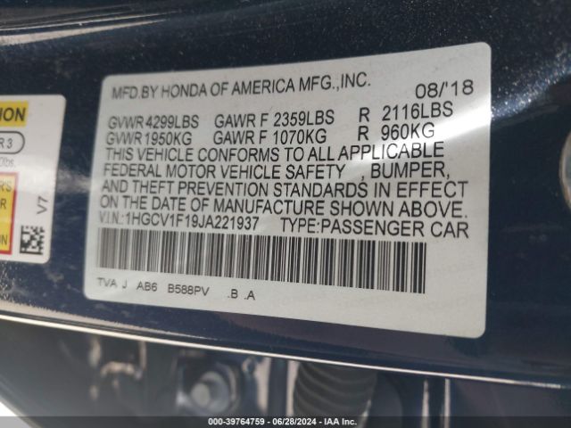 Photo 8 VIN: 1HGCV1F19JA221937 - HONDA ACCORD 