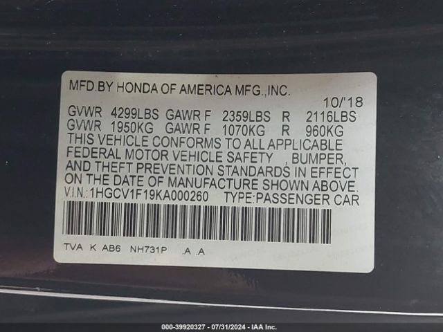 Photo 8 VIN: 1HGCV1F19KA000260 - HONDA ACCORD 