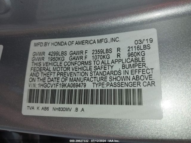 Photo 8 VIN: 1HGCV1F19KA069479 - HONDA ACCORD 