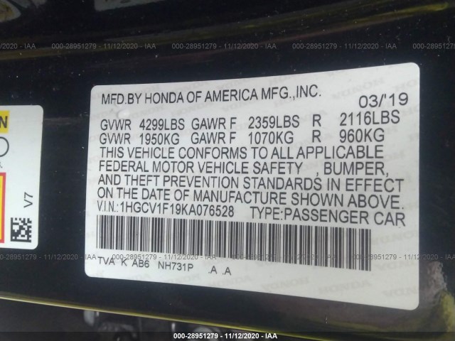 Photo 8 VIN: 1HGCV1F19KA076528 - HONDA ACCORD SEDAN 