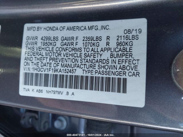 Photo 8 VIN: 1HGCV1F19KA152457 - HONDA ACCORD 