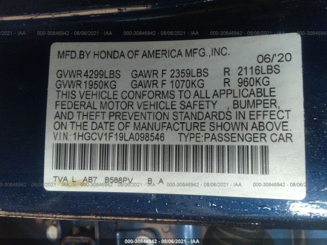 Photo 8 VIN: 1HGCV1F19LA098546 - HONDA ACCORD SEDAN 