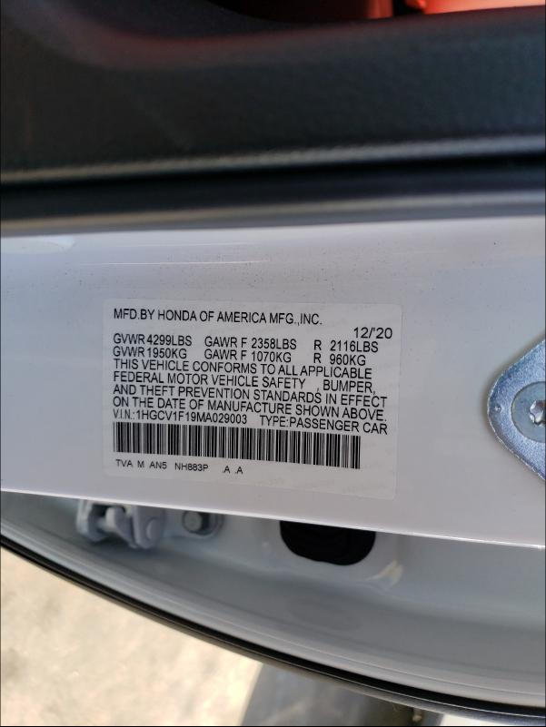 Photo 9 VIN: 1HGCV1F19MA029003 - HONDA ACCORD LX 