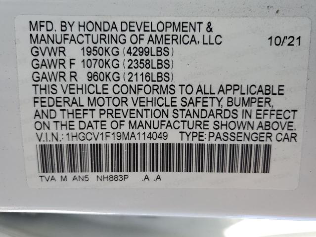 Photo 12 VIN: 1HGCV1F19MA114049 - HONDA ACCORD LX 