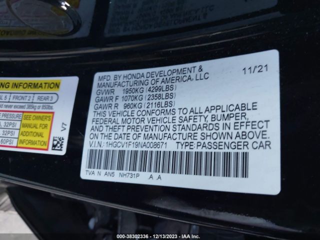 Photo 8 VIN: 1HGCV1F19NA008671 - HONDA ACCORD 