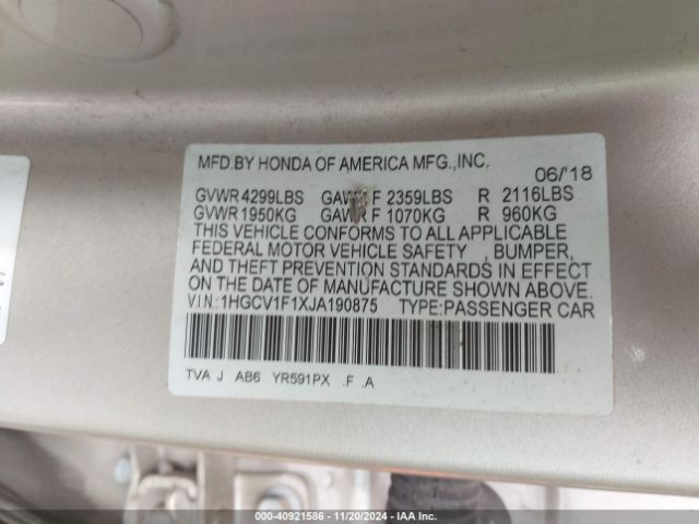 Photo 8 VIN: 1HGCV1F1XJA190875 - HONDA ACCORD 