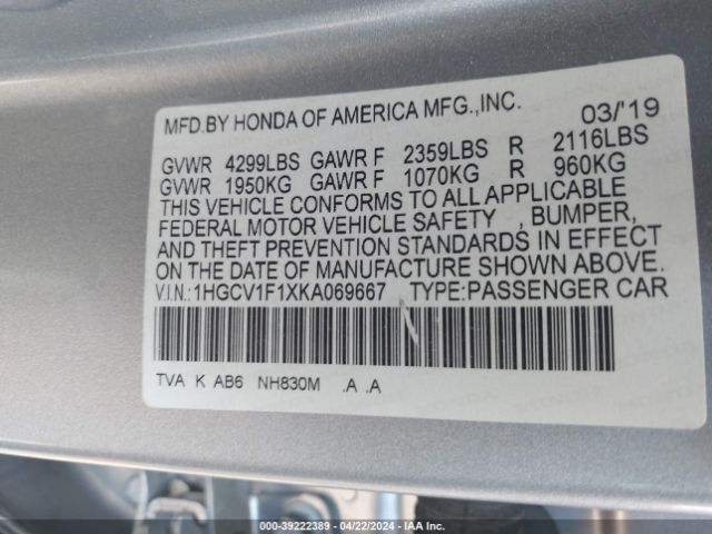 Photo 8 VIN: 1HGCV1F1XKA069667 - HONDA ACCORD 