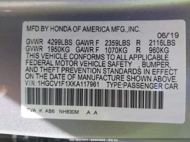 Photo 8 VIN: 1HGCV1F1XKA117961 - HONDA ACCORD 