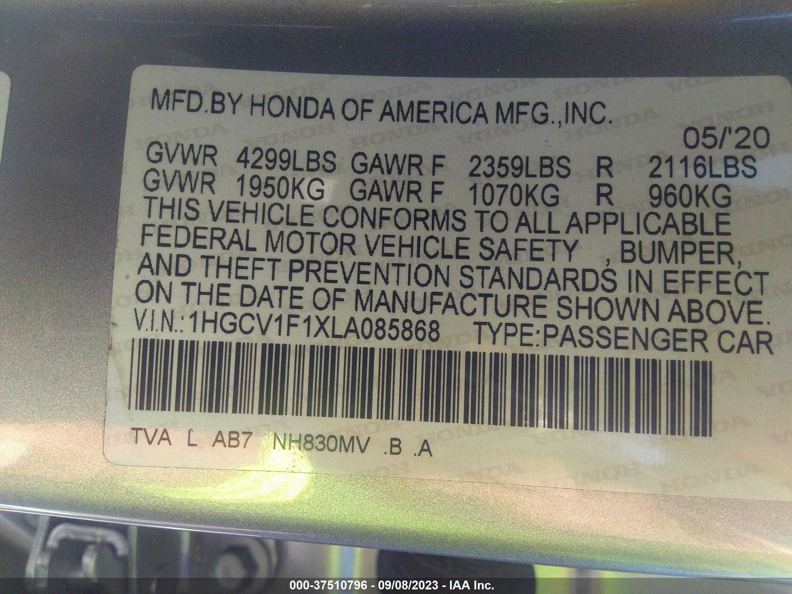 Photo 8 VIN: 1HGCV1F1XLA085868 - HONDA ACCORD 