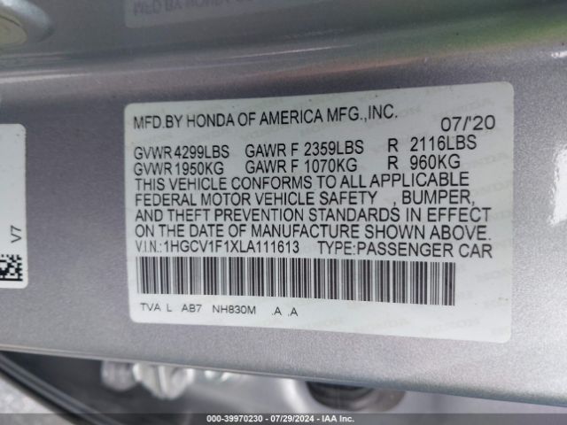 Photo 8 VIN: 1HGCV1F1XLA111613 - HONDA ACCORD 