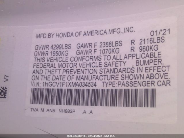 Photo 8 VIN: 1HGCV1F1XMA034534 - HONDA ACCORD SEDAN 