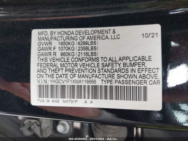 Photo 8 VIN: 1HGCV1F1XMA116666 - HONDA ACCORD 