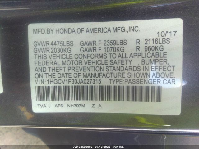 Photo 8 VIN: 1HGCV1F30JA027315 - HONDA ACCORD SEDAN 