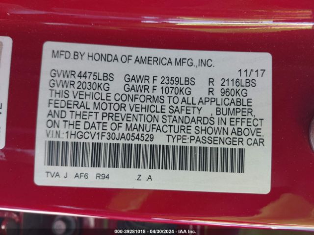 Photo 8 VIN: 1HGCV1F30JA054529 - HONDA ACCORD 