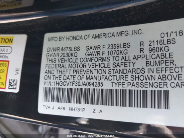 Photo 8 VIN: 1HGCV1F30JA094285 - HONDA ACCORD 