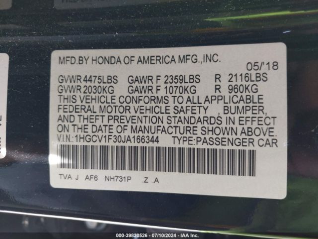 Photo 8 VIN: 1HGCV1F30JA166344 - HONDA ACCORD 