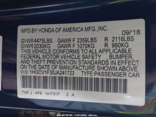 Photo 8 VIN: 1HGCV1F30JA241723 - HONDA ACCORD 