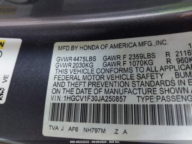 Photo 8 VIN: 1HGCV1F30JA250857 - HONDA ACCORD 