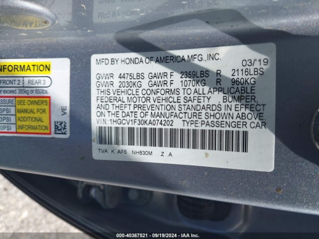 Photo 8 VIN: 1HGCV1F30KA074202 - HONDA ACCORD 