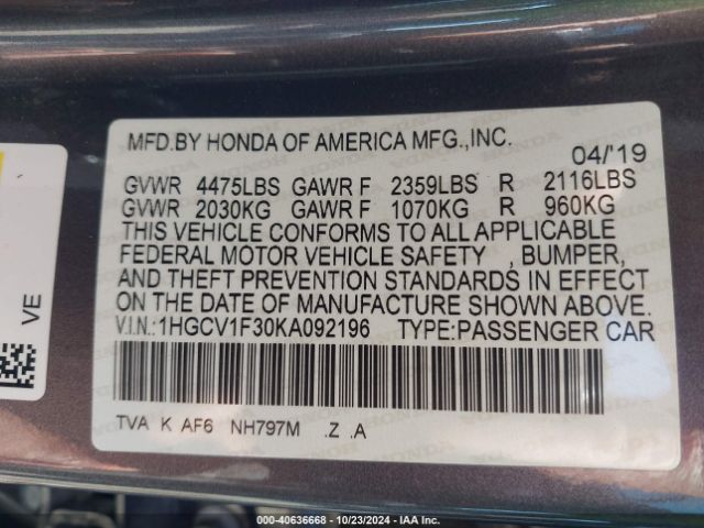 Photo 8 VIN: 1HGCV1F30KA092196 - HONDA ACCORD 