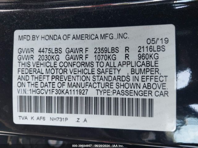 Photo 8 VIN: 1HGCV1F30KA111927 - HONDA ACCORD 