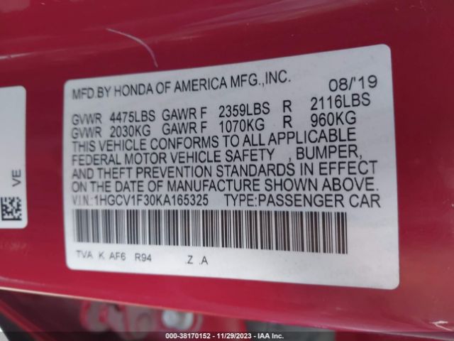 Photo 8 VIN: 1HGCV1F30KA165325 - HONDA ACCORD 