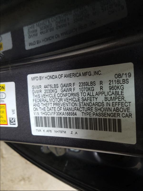 Photo 9 VIN: 1HGCV1F30KA168984 - HONDA ACCORD SPO 