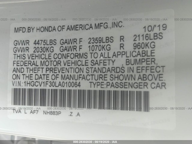 Photo 8 VIN: 1HGCV1F30LA010064 - HONDA ACCORD SEDAN 