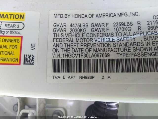 Photo 8 VIN: 1HGCV1F30LA067669 - HONDA ACCORD SEDAN 