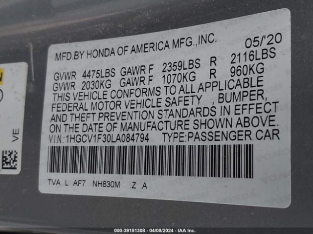 Photo 8 VIN: 1HGCV1F30LA084794 - HONDA ACCORD 