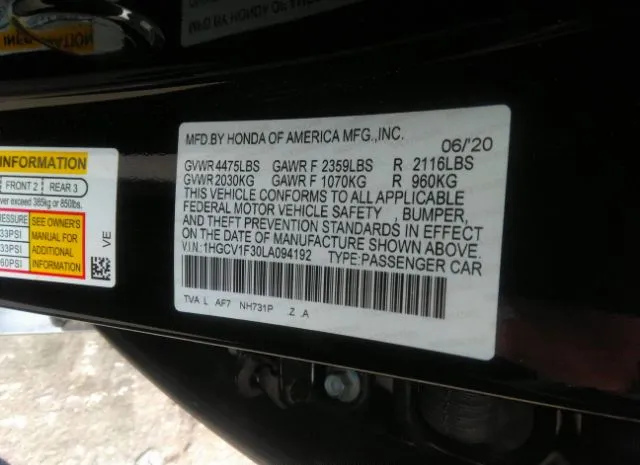 Photo 8 VIN: 1HGCV1F30LA094192 - HONDA ACCORD SEDAN 